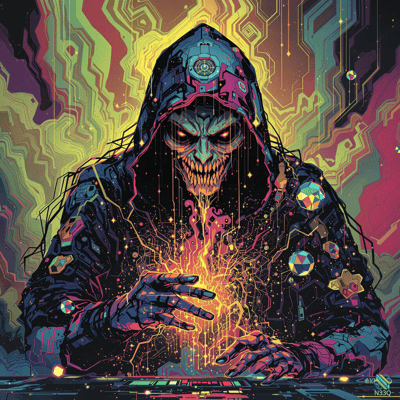 Cybernetic Hooded Figure Conjuring Neon Energy
