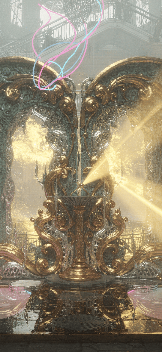 Ornate Golden Winged Fountain in Grand Hall