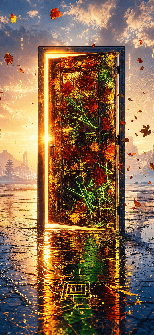 Glowing Door Full of Autumn Leaves on a Wet Plain