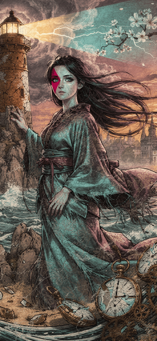 Woman in Teal Robe at Stormy Lighthouse