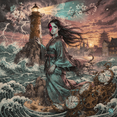 Woman in Teal Robe at Stormy Lighthouse