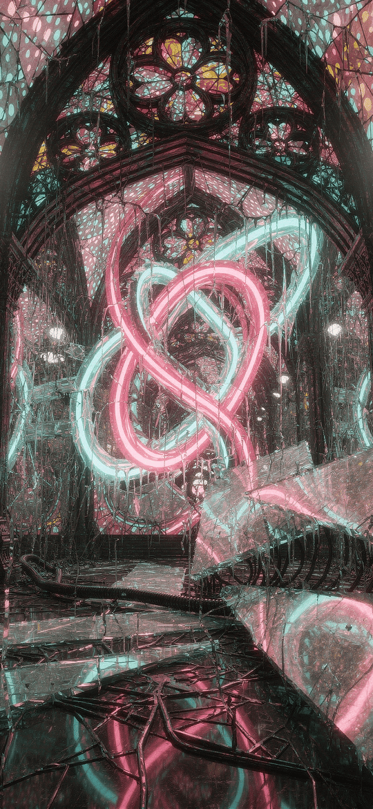 Neon Knots in Gothic Cathedral Ruins