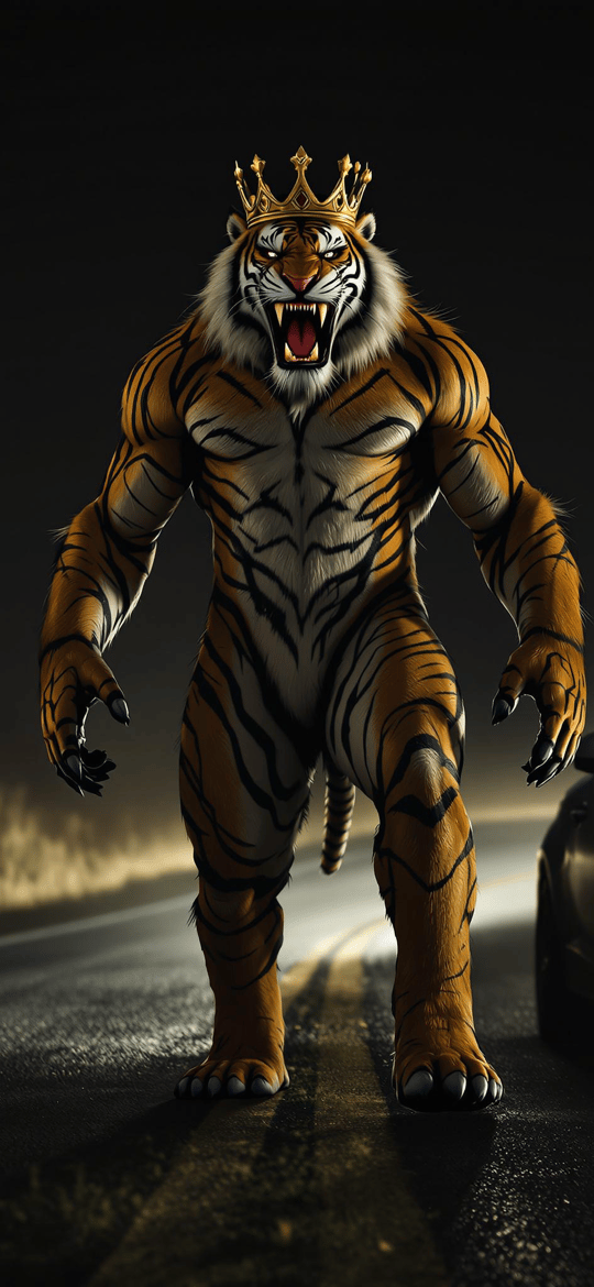 Crowned Tiger King Roaring on Night Road