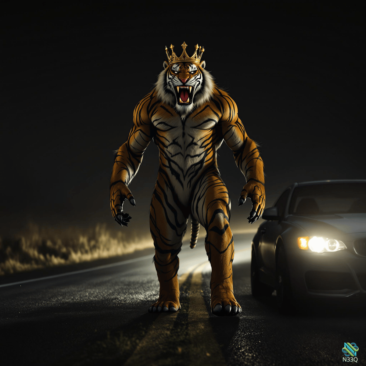 Crowned Tiger King Roaring on Night Road