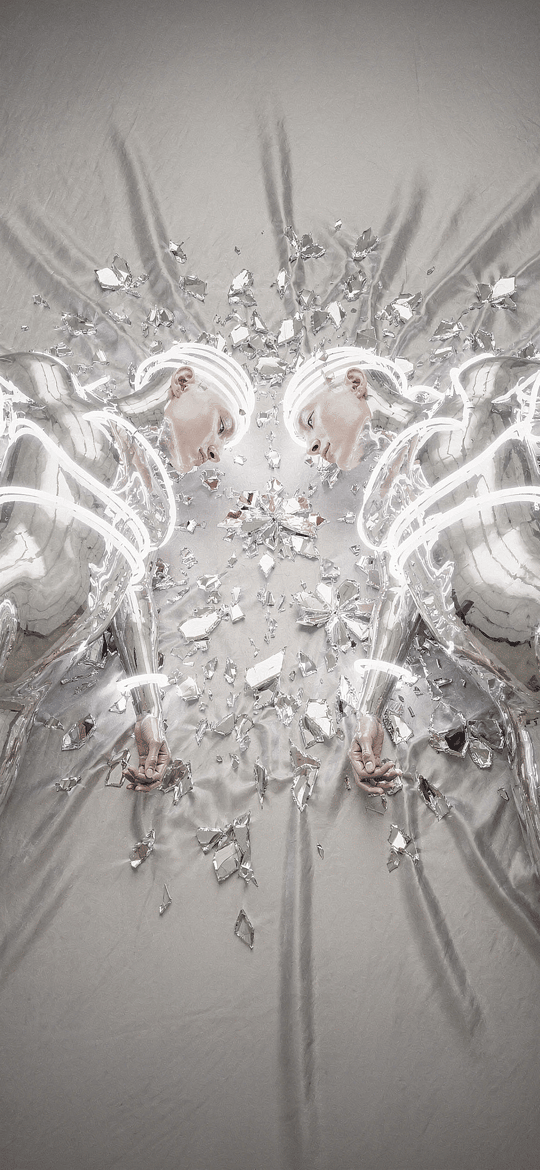 Mirrored Chrome Figures Among Shattered Glass