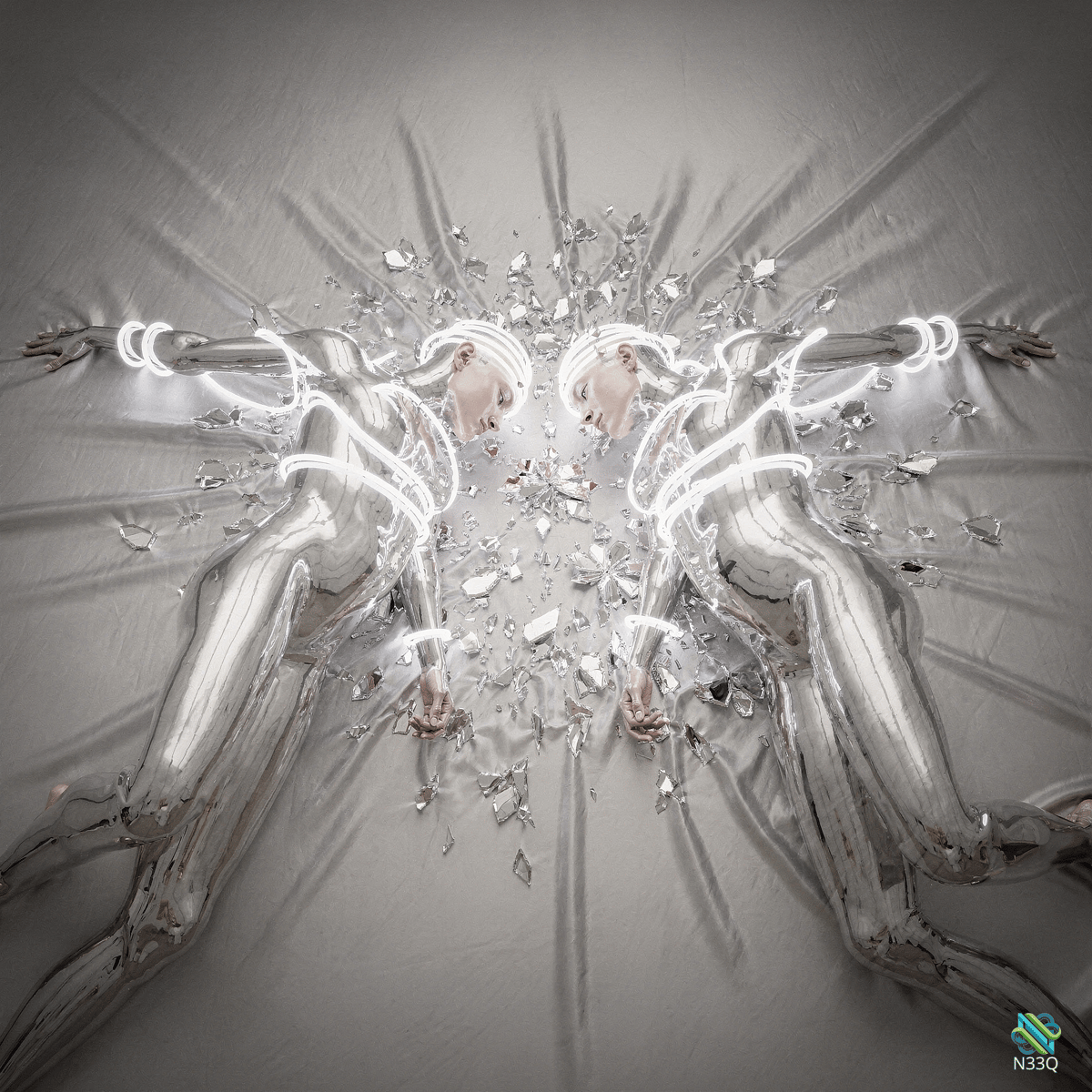 Mirrored Chrome Figures Among Shattered Glass