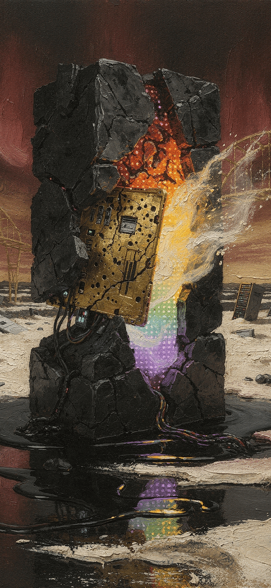 Burning Stone Computer Tower in a Ruined Wasteland