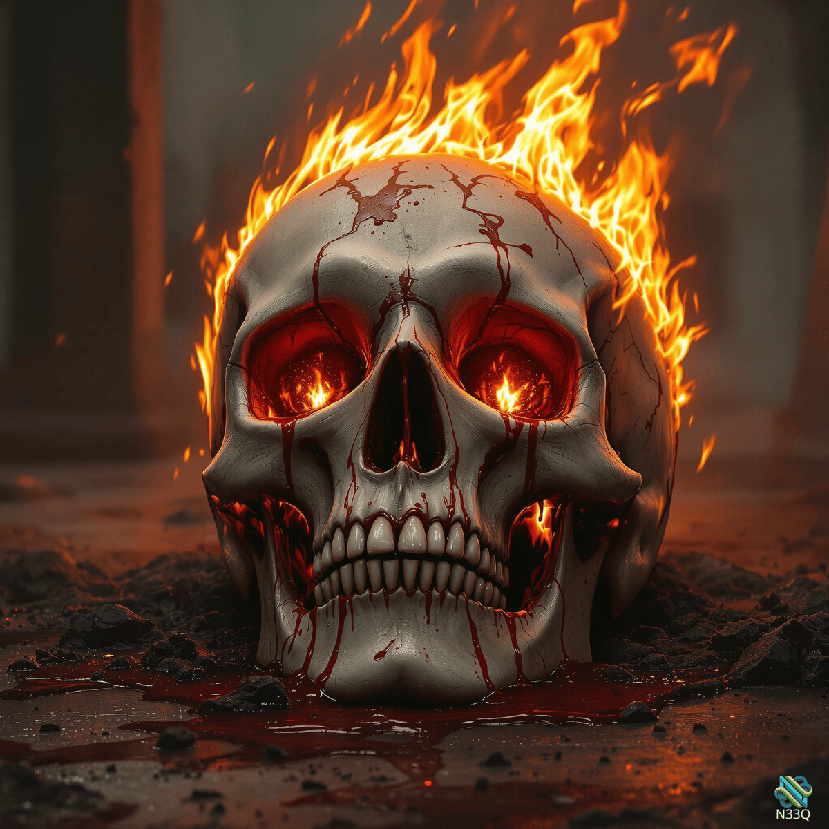 Flaming Skull with Blood and Fire