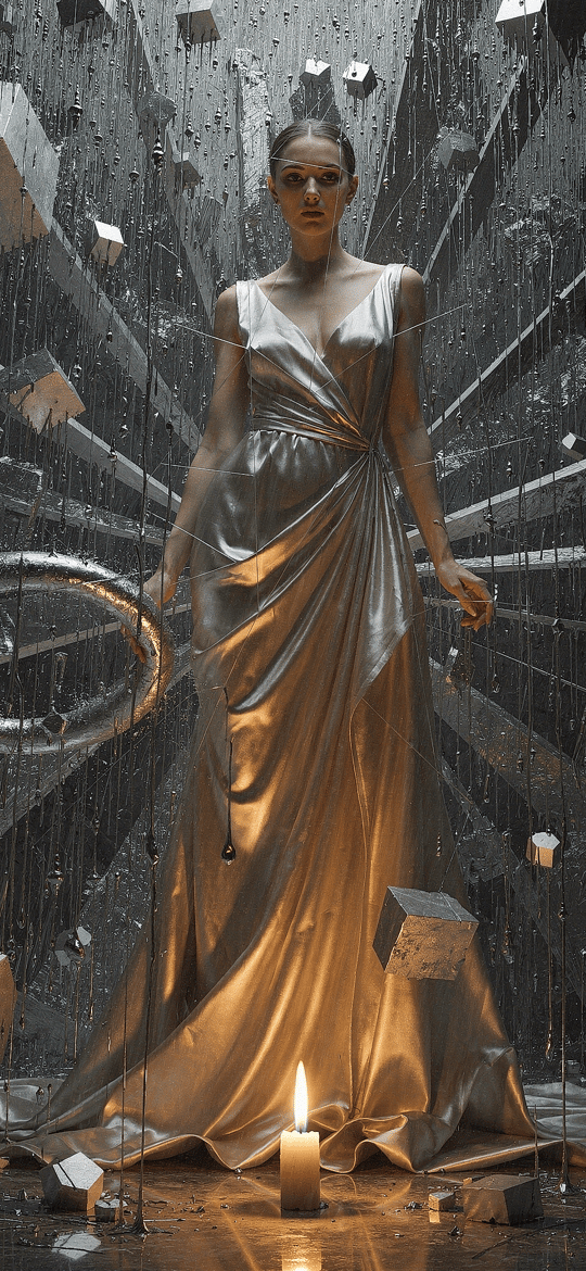 Woman in Metallic Gown Amid Floating Cubes
