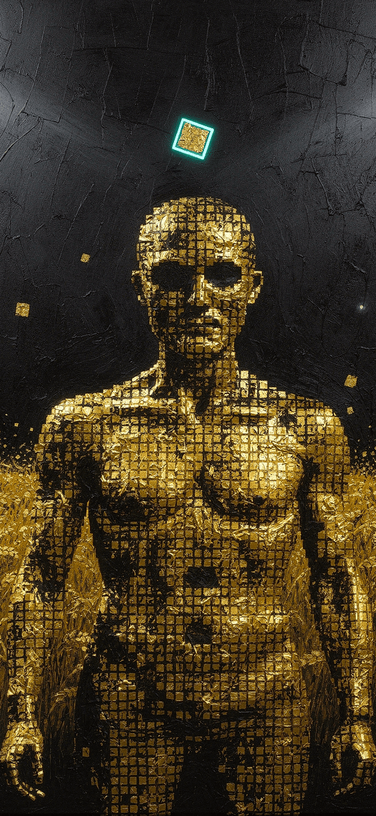 Golden Pixel Figure Standing in a Wheat Field