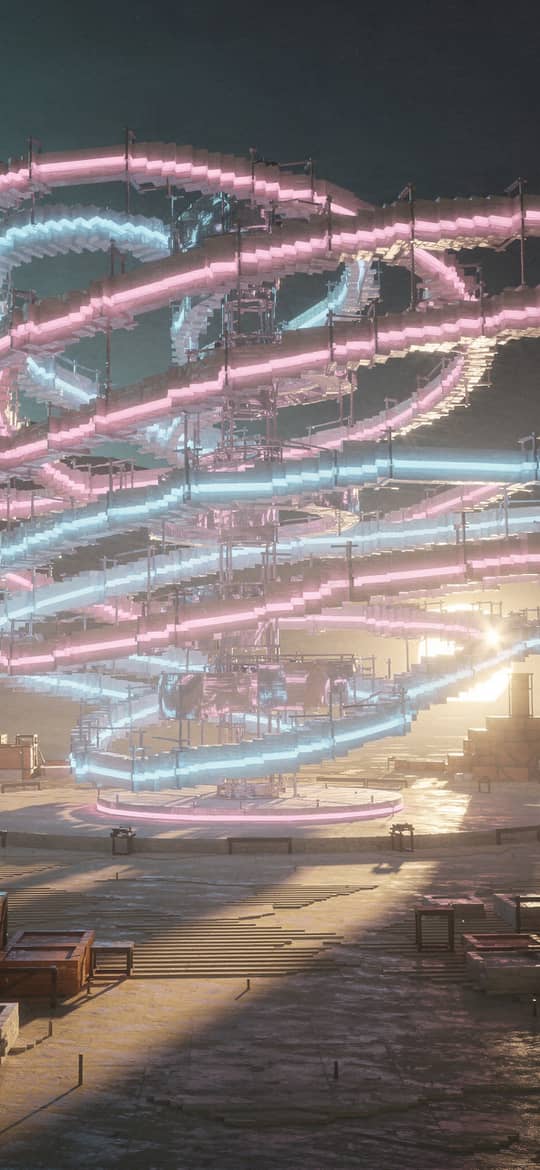 Neon Spiral Structure Over Industrial Wasteland