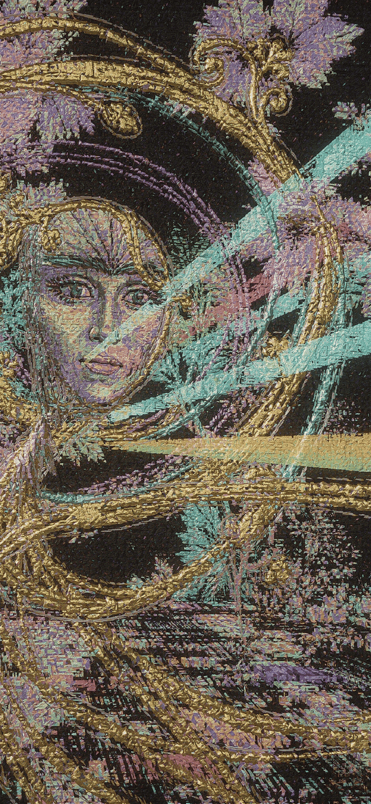 Embroidered Face in Golden Swirls with Pastel Beams