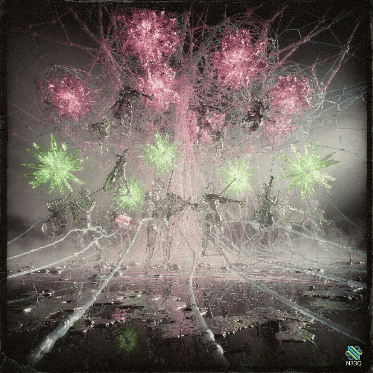 Pink and Green Bursts over Tangled Shadowy Figures