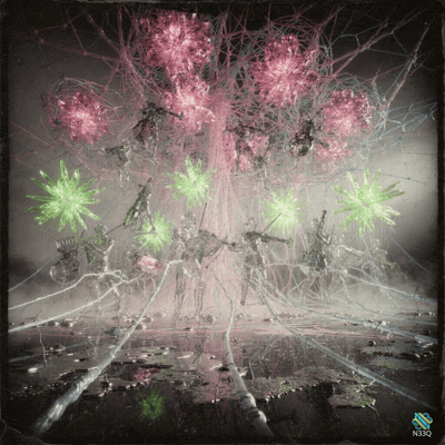 Pink and Green Bursts over Tangled Shadowy Figures