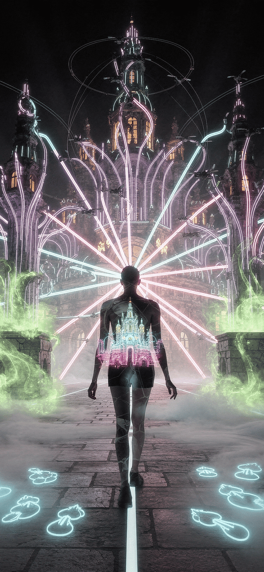 Woman Approaching Neon Fantasy Castle