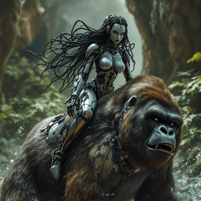 Cyborg Woman Riding Chained Gorilla in Jungle
