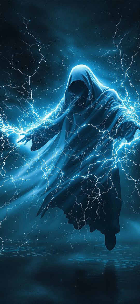 Hooded Phantom Amid Blue Lightning