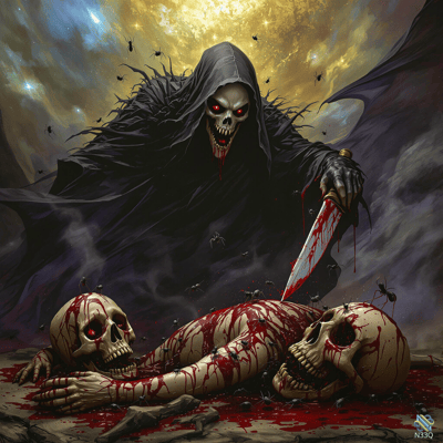 Grim Reaper Over Bloody Skulls