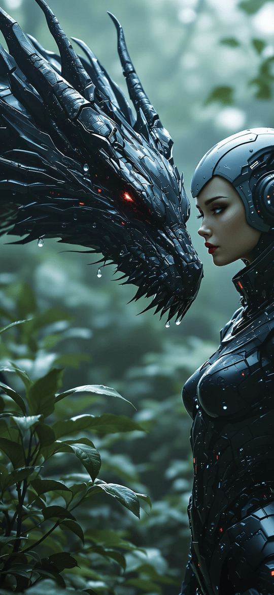Cyber Woman Facing Black Dragon in Forest