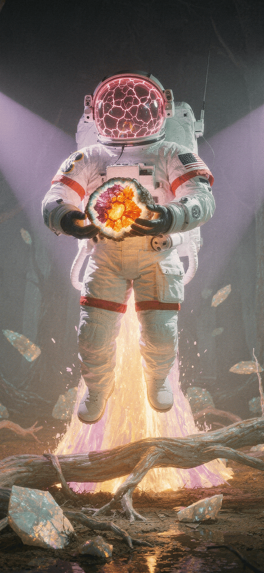 Astronaut Holding Fiery Orb in Dark Forest