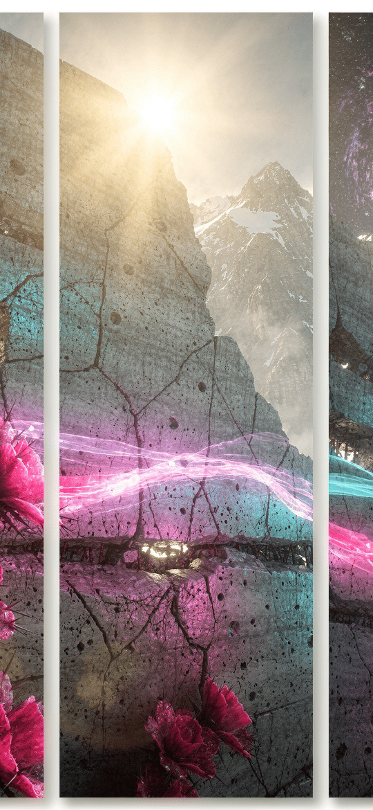 Cracked Mountains with Cosmic Galaxy and Flowers