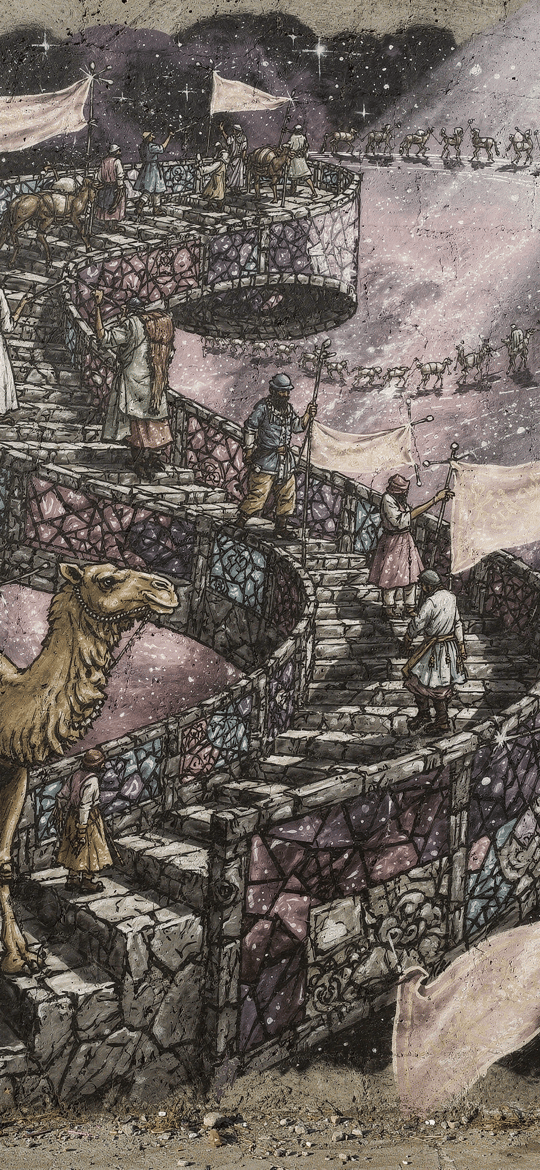Camel on Spiral Stone Staircase at Night