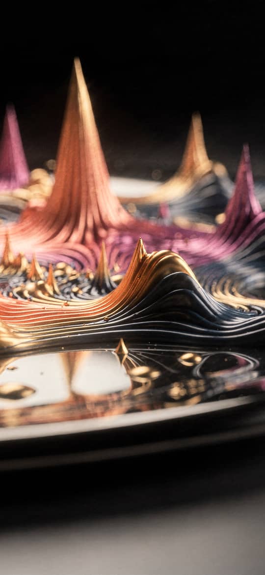 Colorful Metallic Fluid Peaks on Black Plate