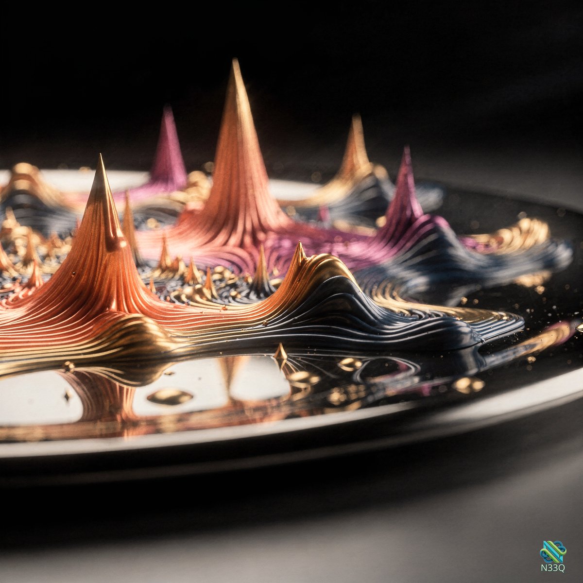 Colorful Metallic Fluid Peaks on Black Plate