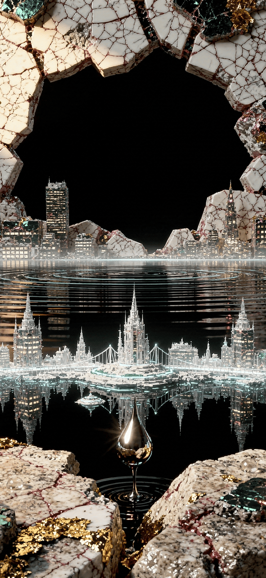 Crystal City on Dark Water Seen Through a Cracked Stone Hole