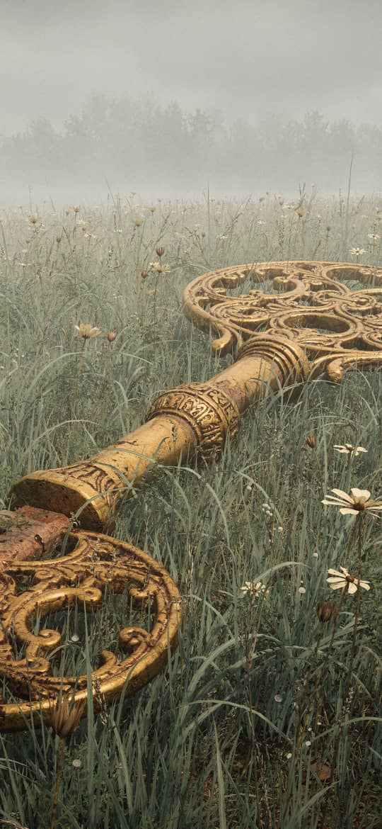 Ornate Golden Key in Foggy Meadow