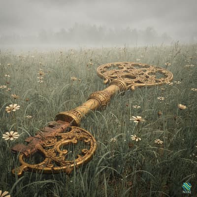 Ornate Golden Key in Foggy Meadow