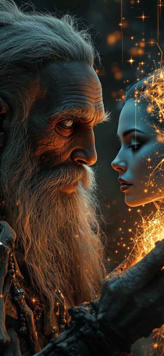 Elderly Elf Wizard Conjuring Luminous Spirit