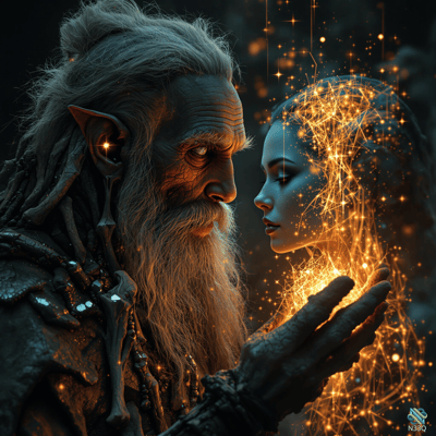 Elderly Elf Wizard Conjuring Luminous Spirit