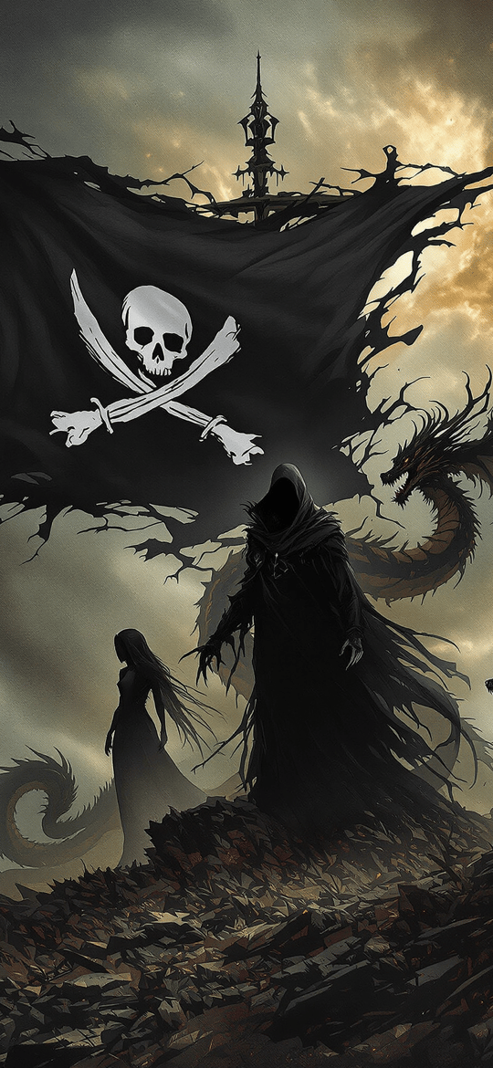 Hooded Figure and Dragons Under Pirate Flag