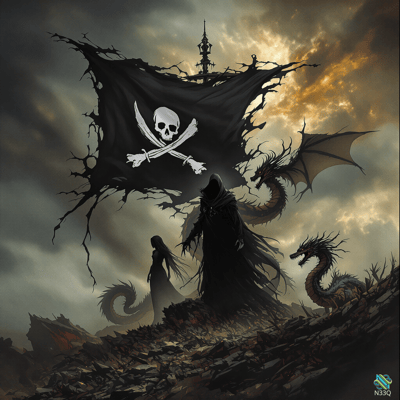 Hooded Figure and Dragons Under Pirate Flag