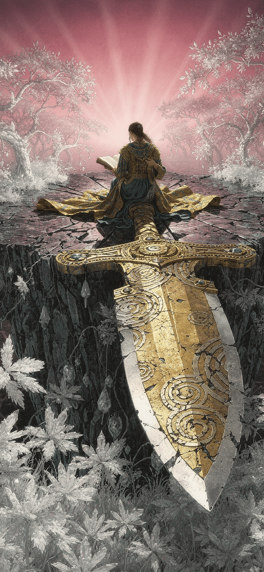 Reader Atop Floating Rock with Golden Sword