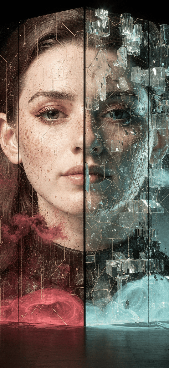 Woman's Face Half Skin, Half Shattering Glass