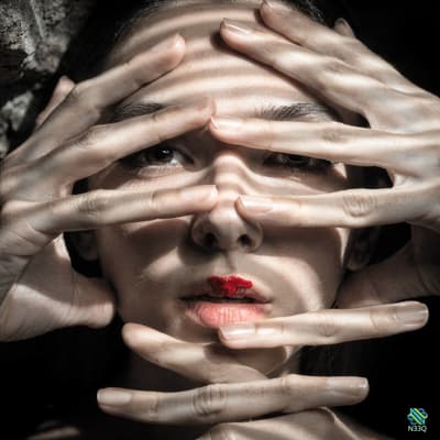 Woman's Face Hidden by Pale Hands