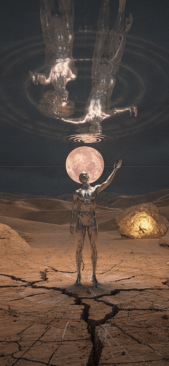 Metallic Android Reaching for Floating Figures