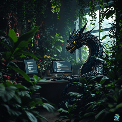 Black Dragon Coding at Plant-Filled Desk