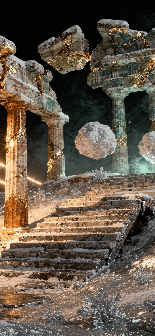 Snowy Ruins of Ancient Temple Columns