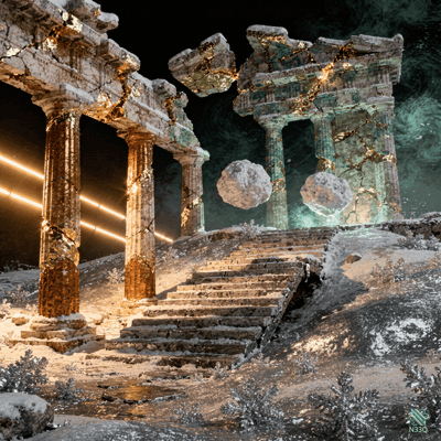Snowy Ruins of Ancient Temple Columns