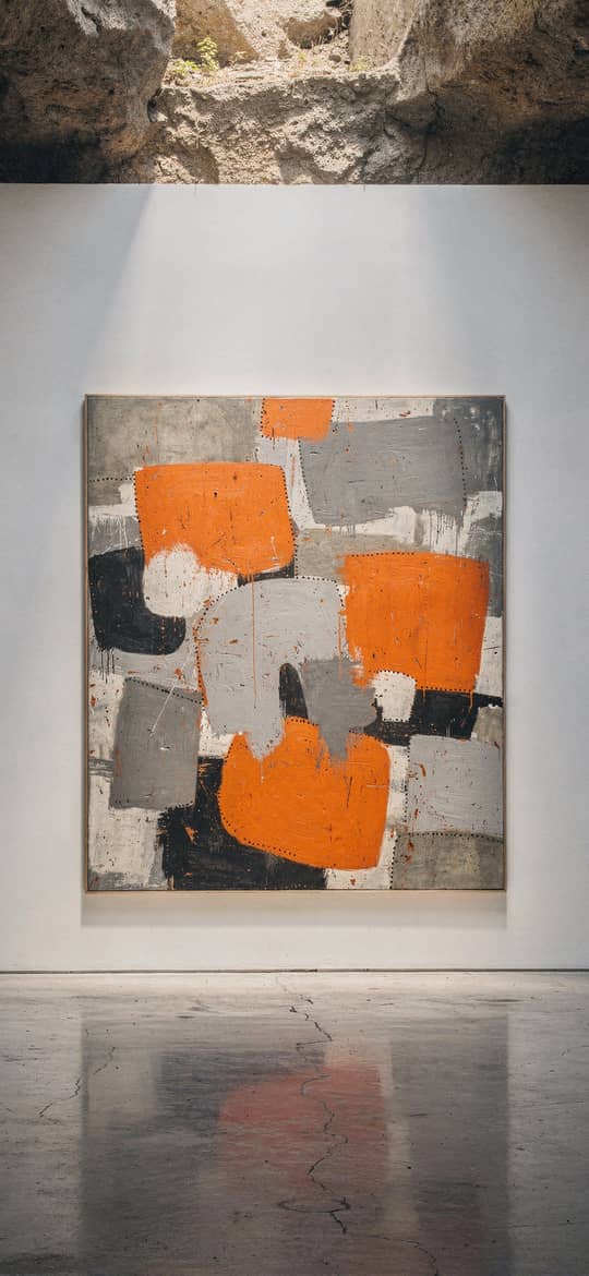 Abstract Geometric Painting in Orange and Gray