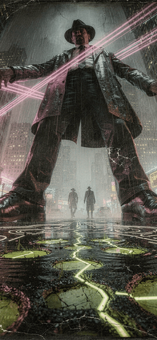 Towering Noir Figure in Neon Rain