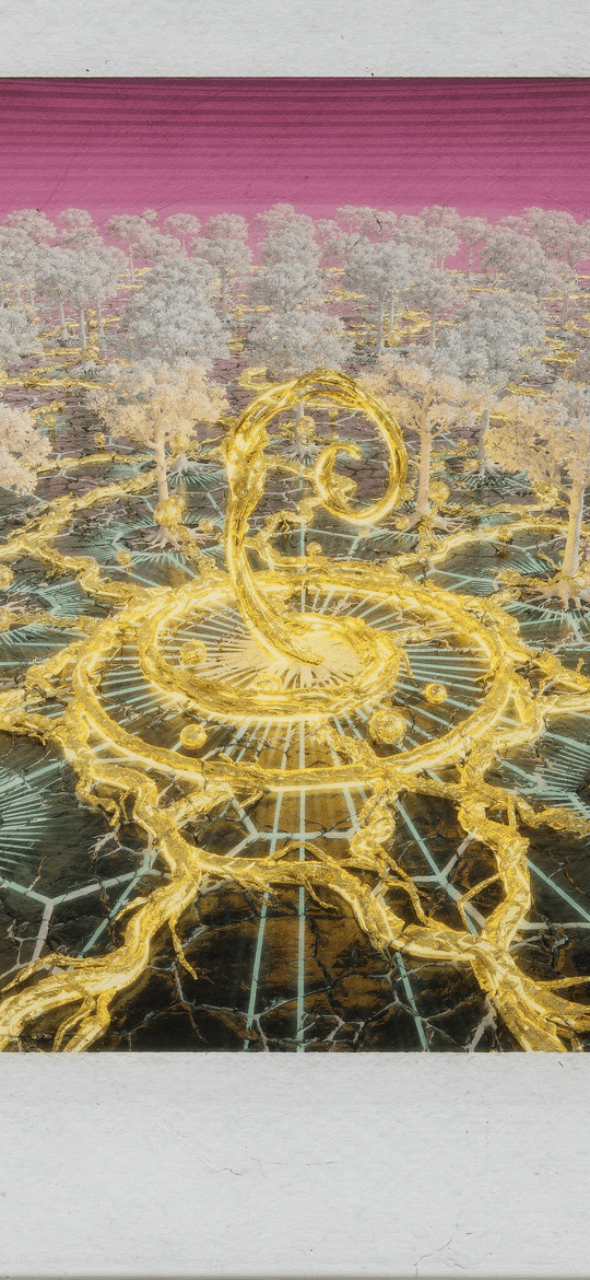 Golden Spiral Roots in a White Forest Polaroid
