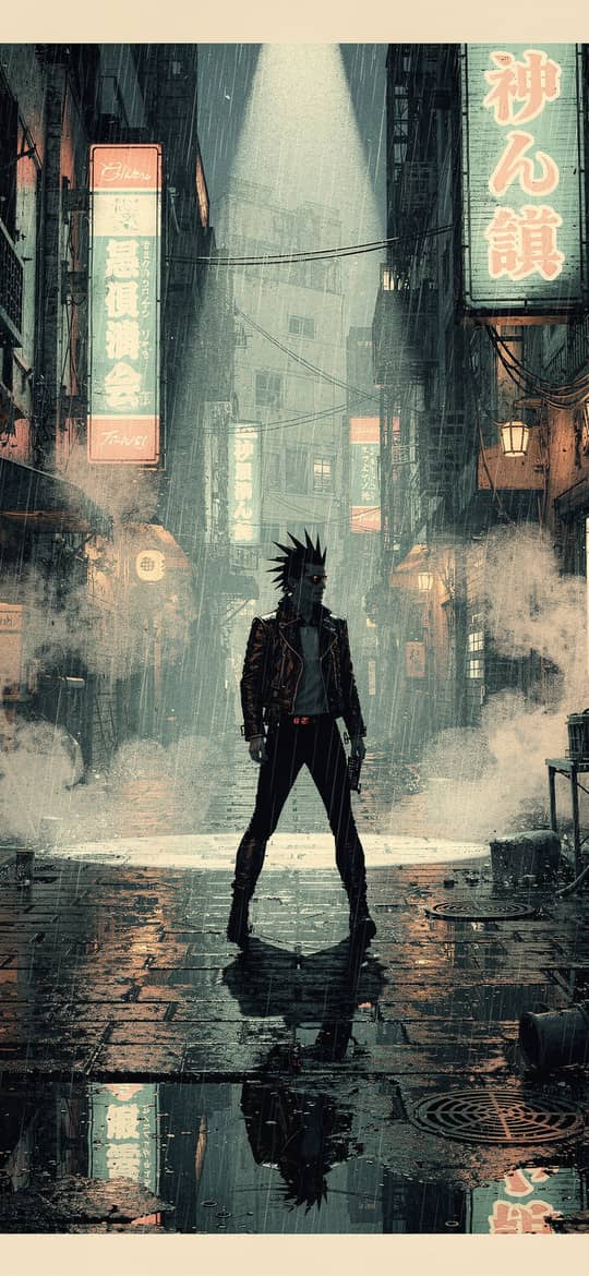 Spiky-Haired Figure in Neon Alley