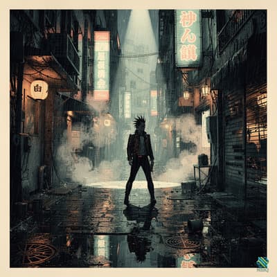 Spiky-Haired Figure in Neon Alley