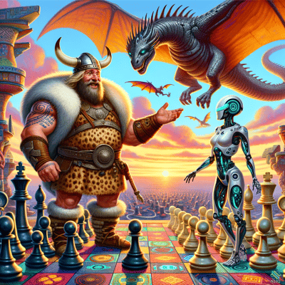 Viking Warrior Facing Cyborg on Giant Chessboard