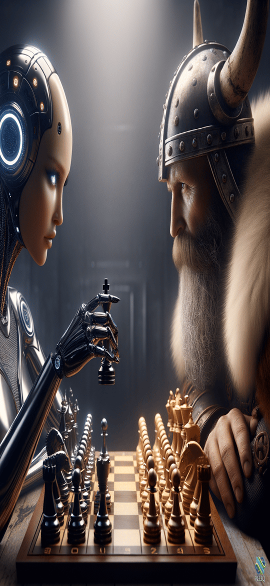 Cyborg and Viking Playing Chess