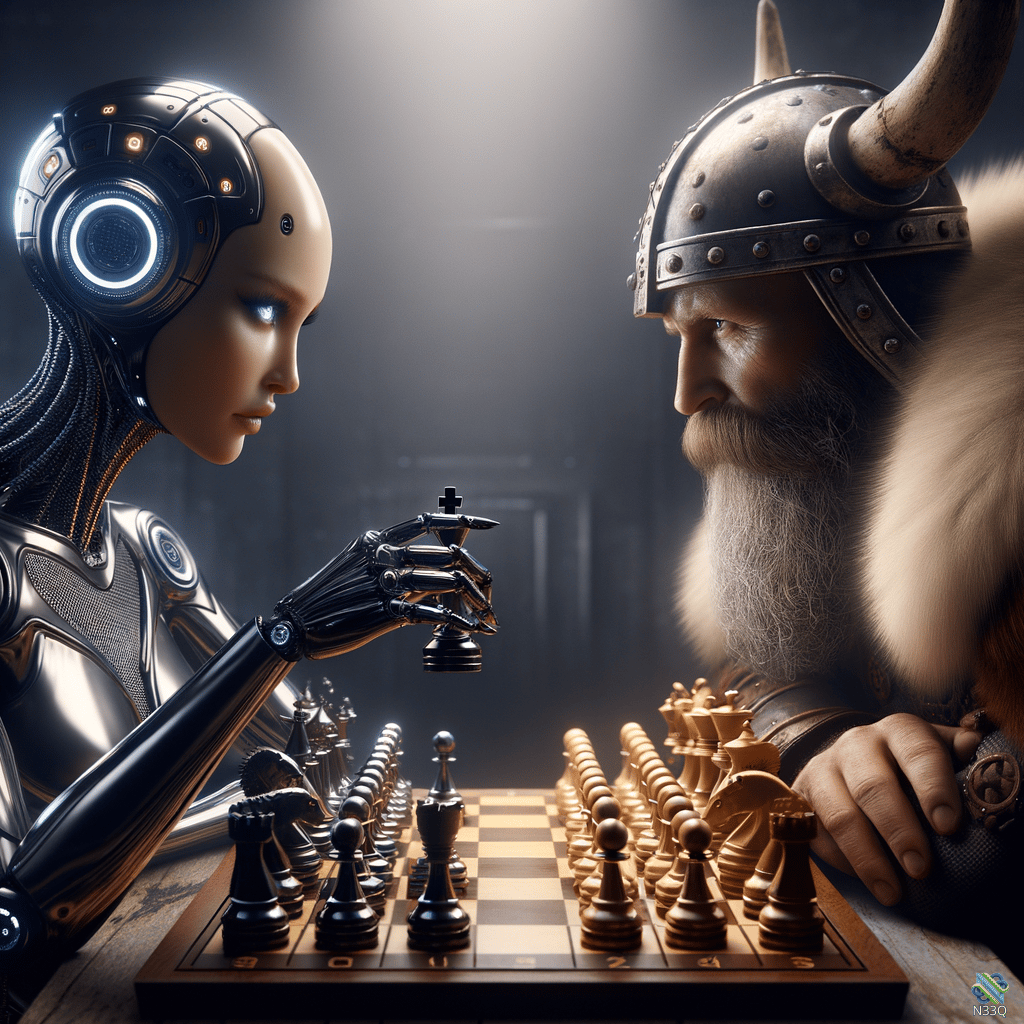 Cyborg and Viking Playing Chess